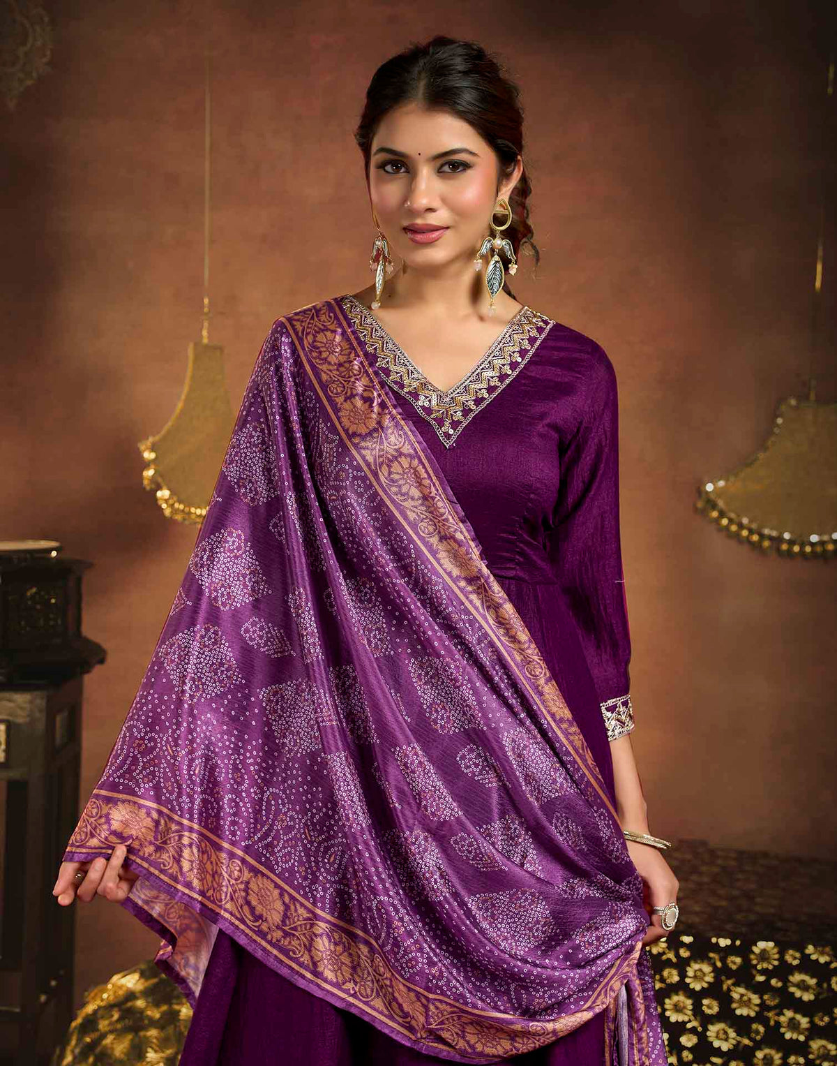Dark Wine Vichitra Silk Embroidery Anarkali Kurta Set With Dupatta