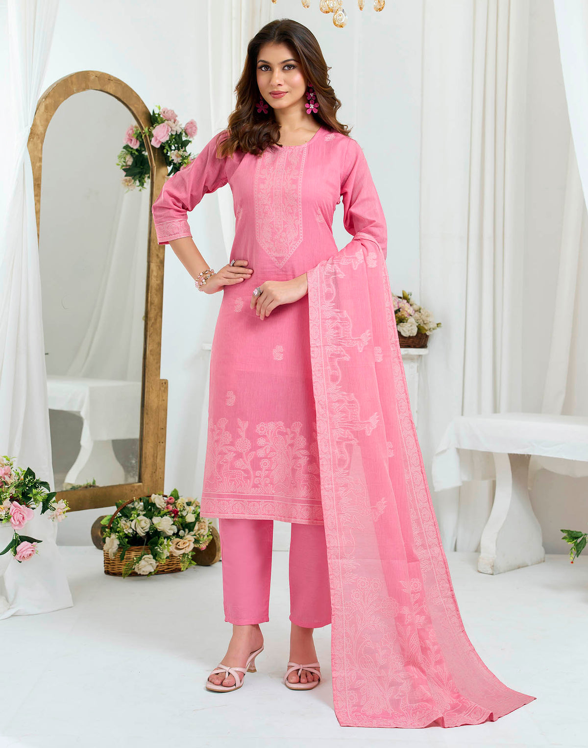 Baby Pink Pure Cotton Woven Straight Kurta Set With Dupatta