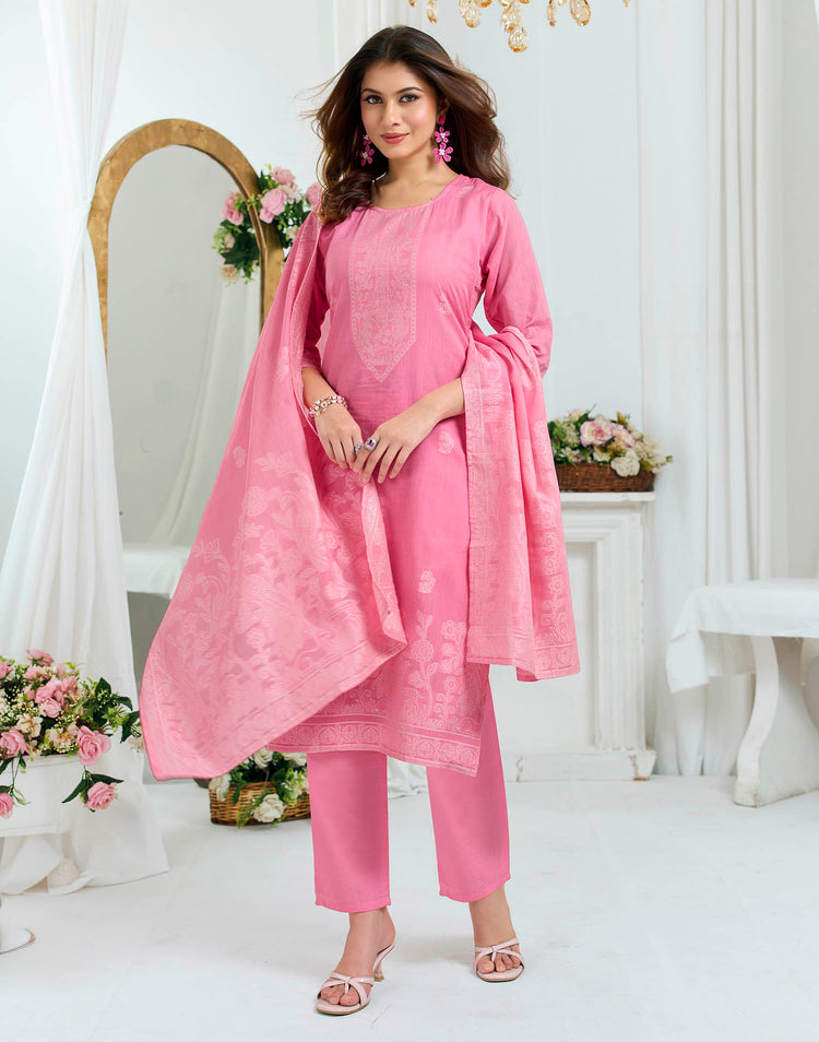 Baby Pink Pure Cotton Woven Straight Kurta Set With Dupatta
