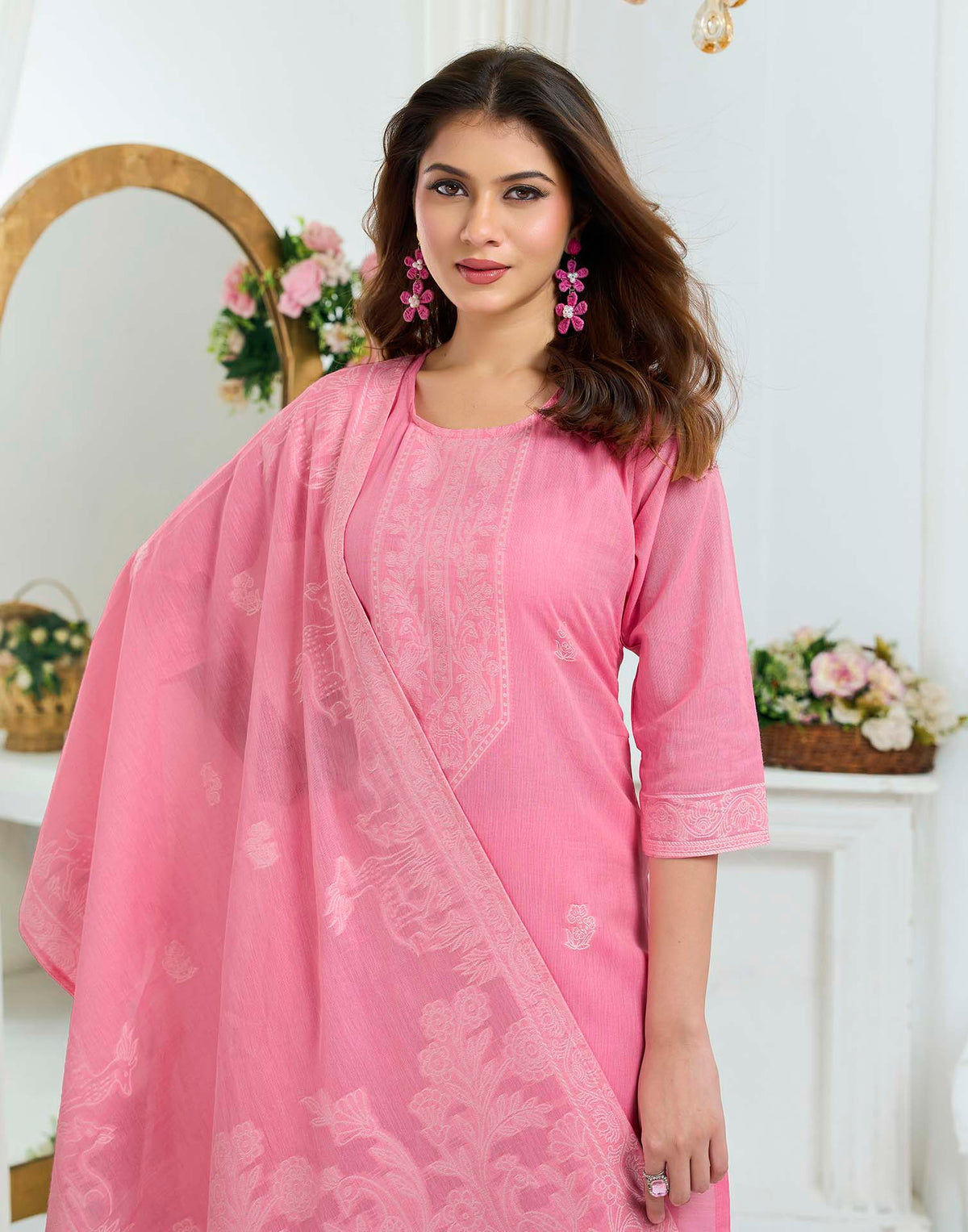 Baby Pink Pure Cotton Woven Straight Kurta Set With Dupatta