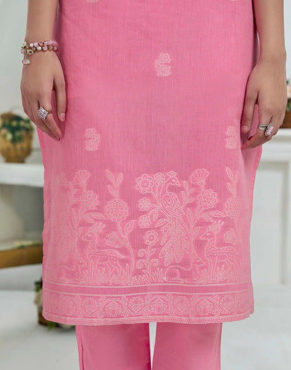 Baby Pink Pure Cotton Woven Straight Kurta Set With Dupatta