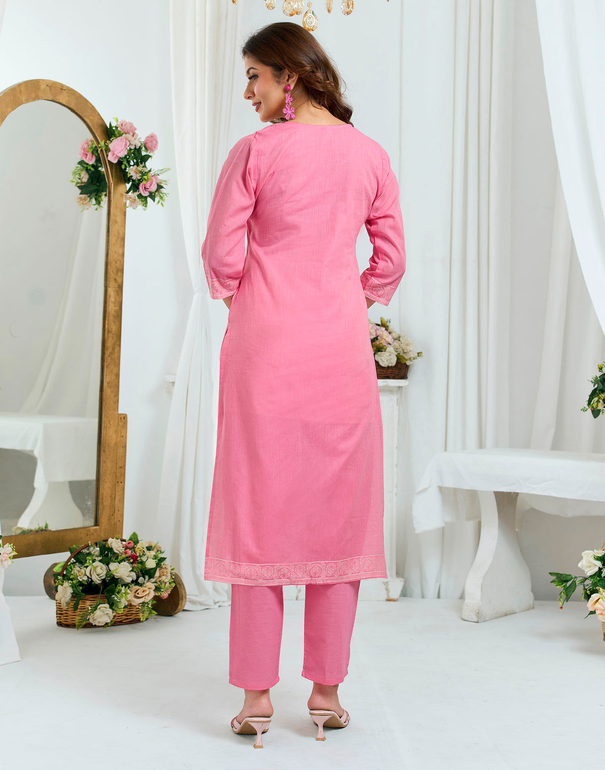 Baby Pink Pure Cotton Woven Straight Kurta Set With Dupatta