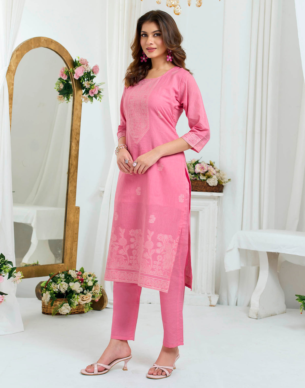 Baby Pink Pure Cotton Woven Straight Kurta Set With Dupatta