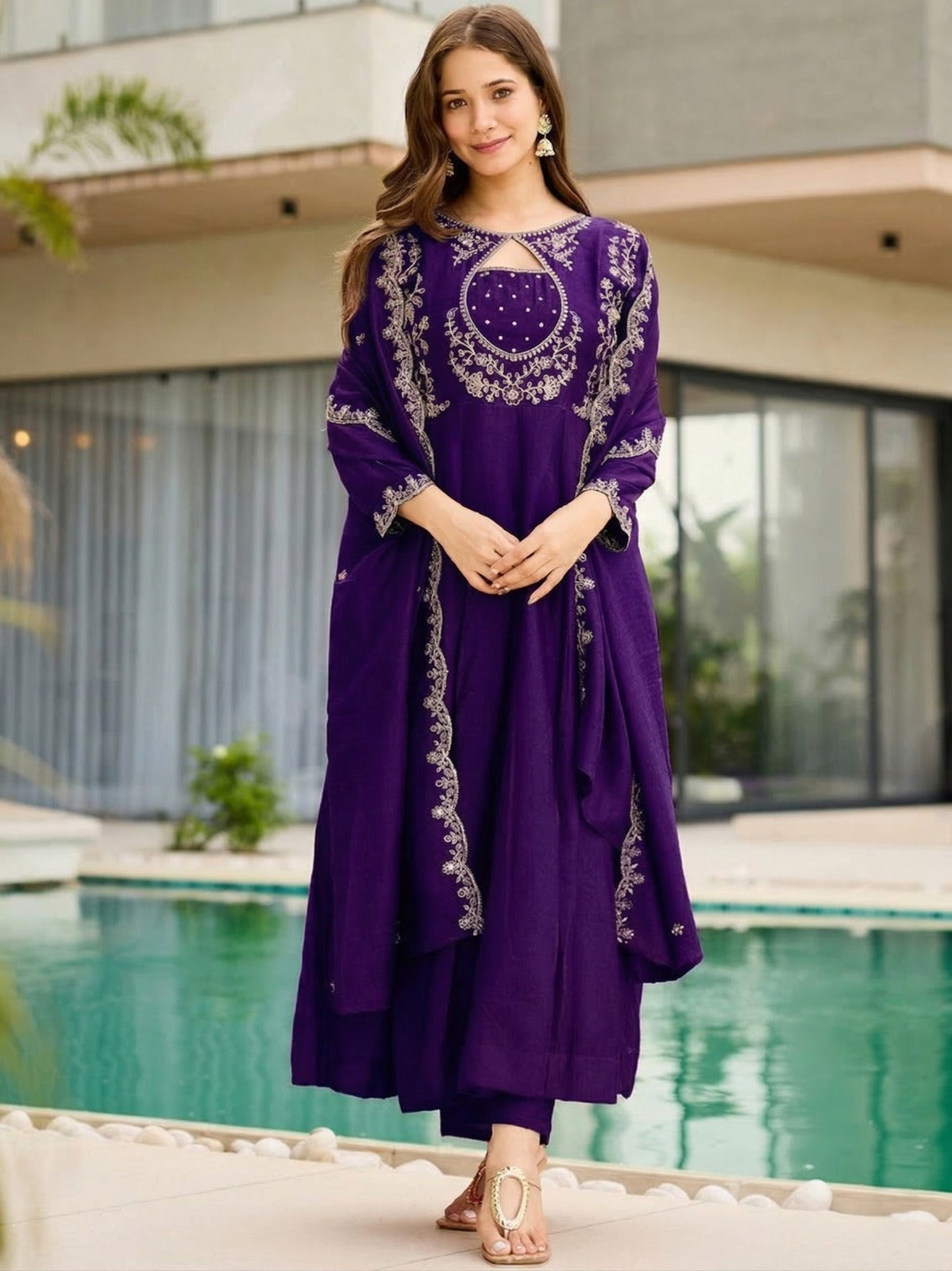 Royal Purple Vichitra Silk Embroidery A-Line Kurta Set With Dupatta