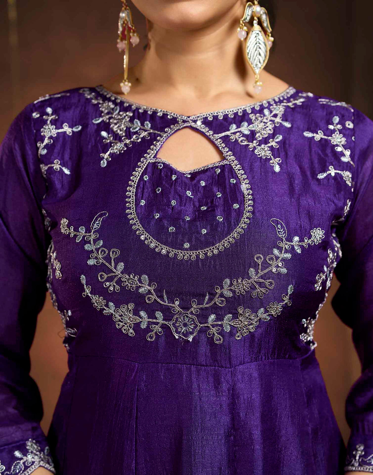 Royal Purple Vichitra Silk Embroidery A-Line Kurta Set With Dupatta