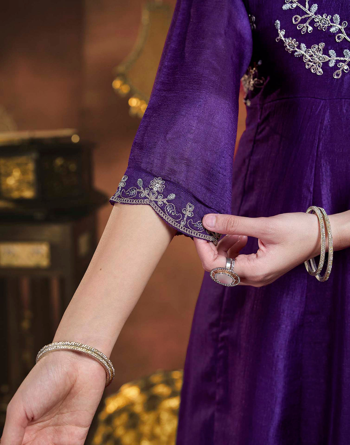 Royal Purple Vichitra Silk Embroidery A-Line Kurta Set With Dupatta