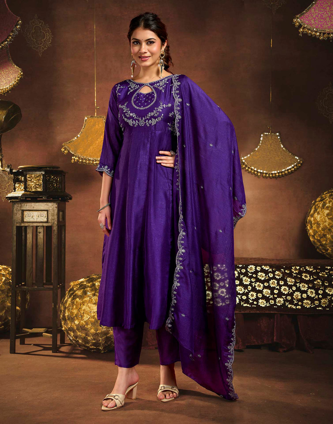 Royal Purple Vichitra Silk Embroidery A-Line Kurta Set With Dupatta