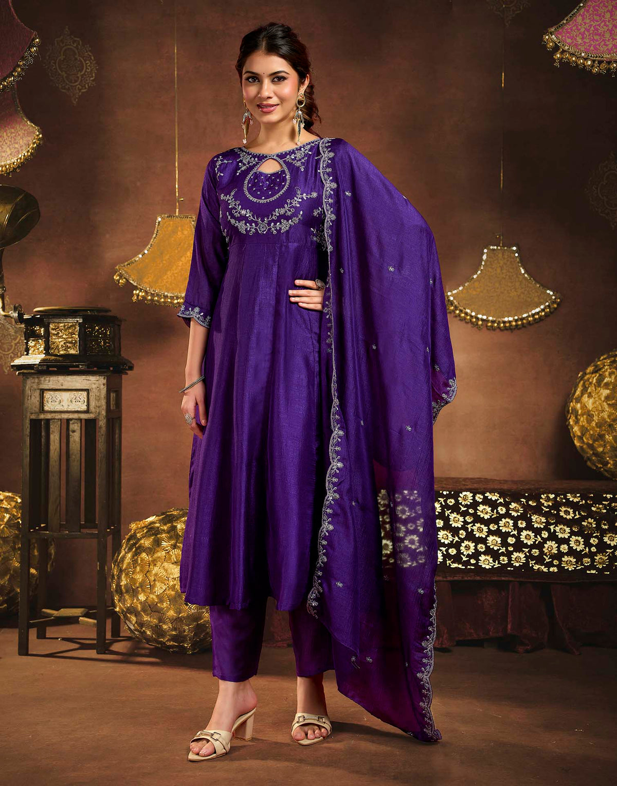 Royal Purple Vichitra Silk Embroidery A-Line Kurta Set With Dupatta