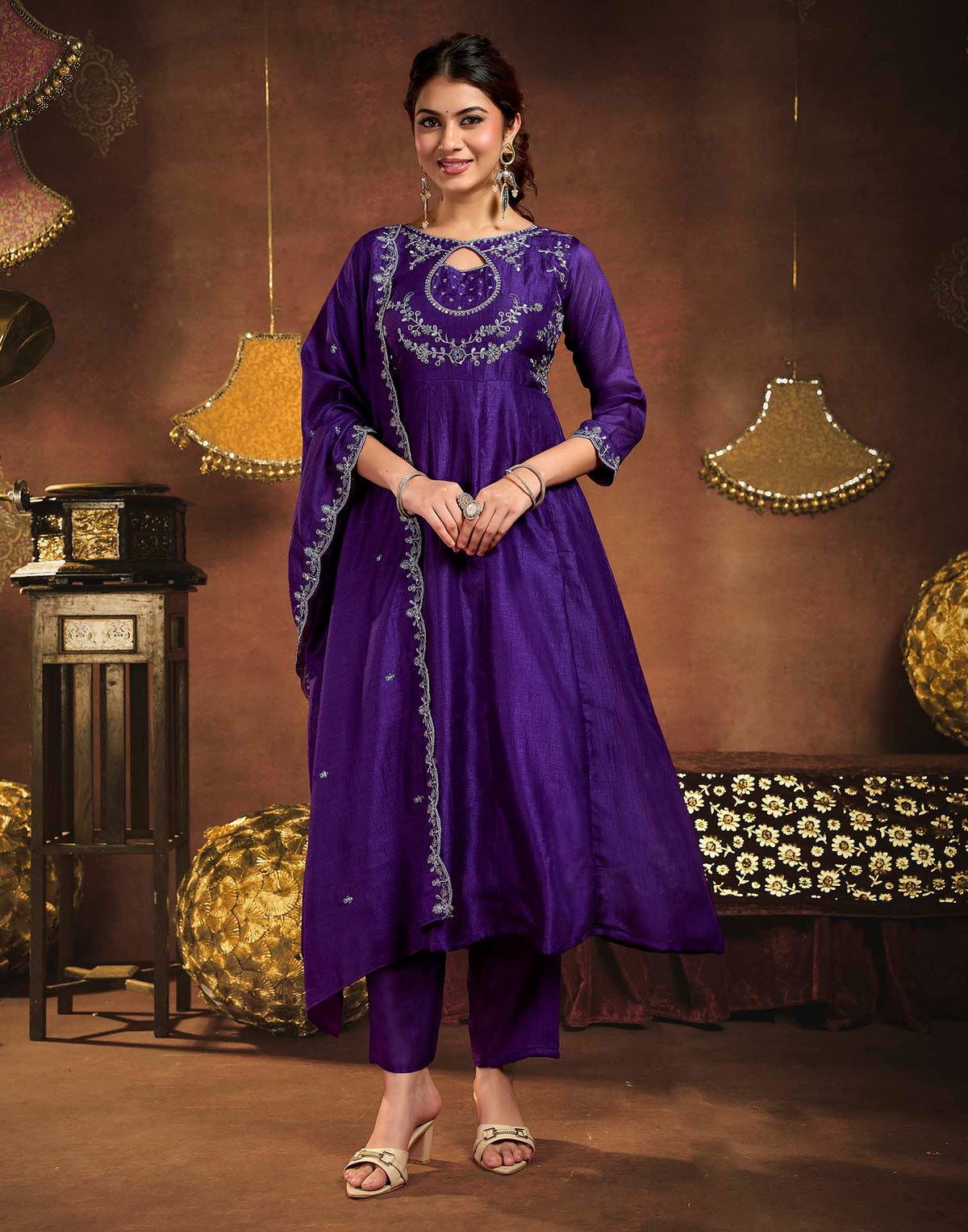 Royal Purple Vichitra Silk Embroidery A-Line Kurta Set With Dupatta