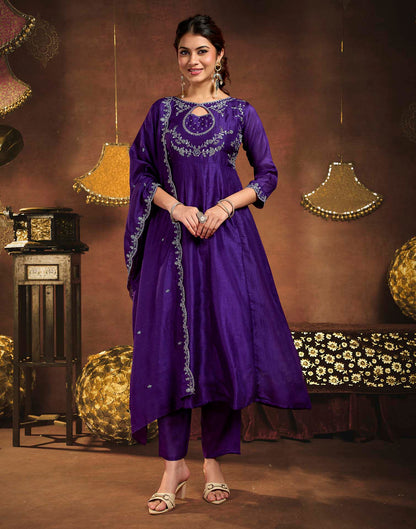 Royal Purple Vichitra Silk Embroidery A-Line Kurta Set With Dupatta