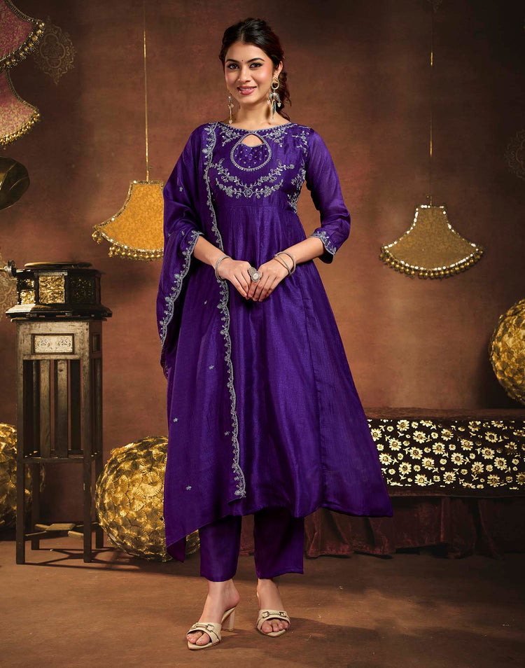Royal Purple Vichitra Silk Embroidery A-Line Kurta Set With Dupatta