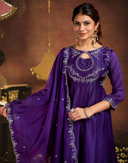 Royal Purple Vichitra Silk Embroidery A-Line Kurta Set With Dupatta