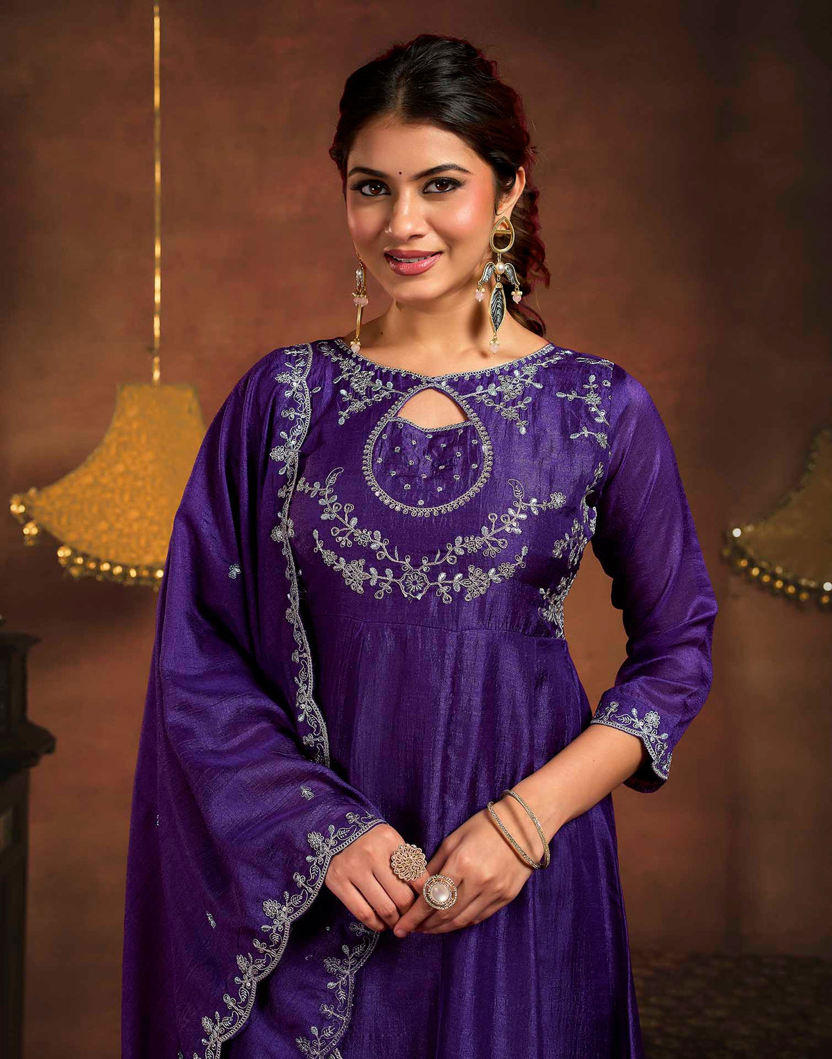 Royal Purple Vichitra Silk Embroidery A-Line Kurta Set With Dupatta