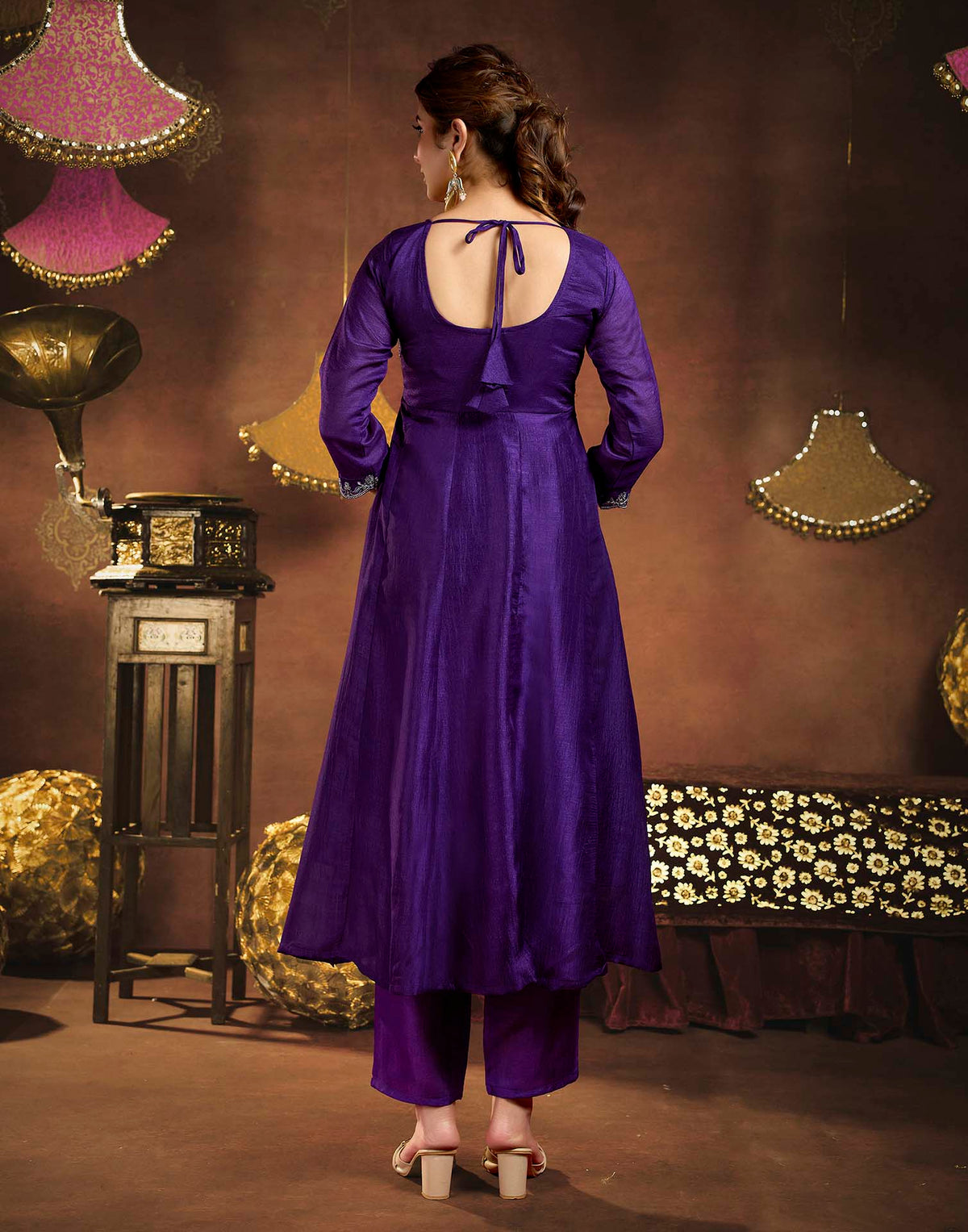 Royal Purple Vichitra Silk Embroidery A-Line Kurta Set With Dupatta