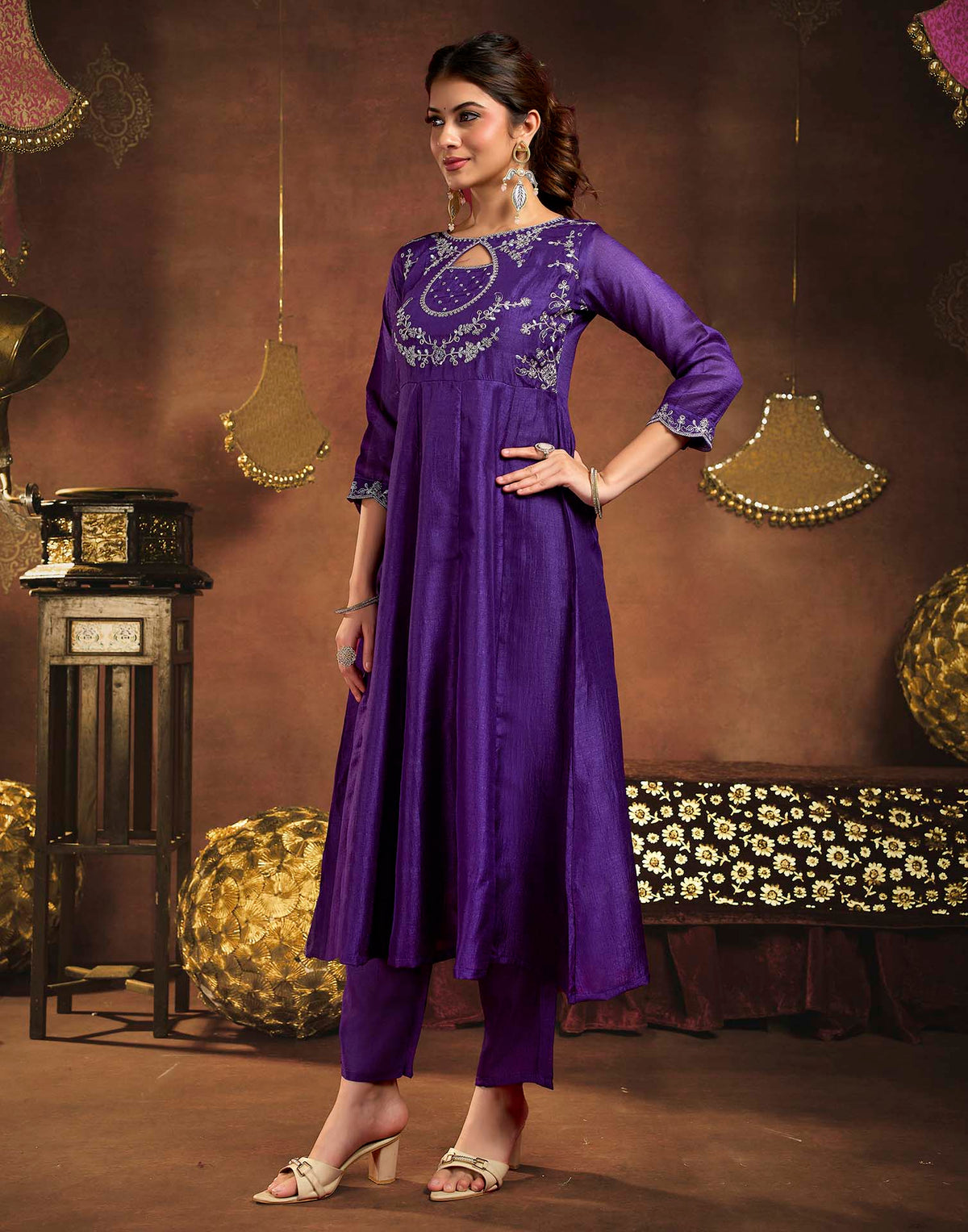 Royal Purple Vichitra Silk Embroidery A-Line Kurta Set With Dupatta
