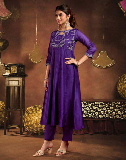 Royal Purple Vichitra Silk Embroidery A-Line Kurta Set With Dupatta