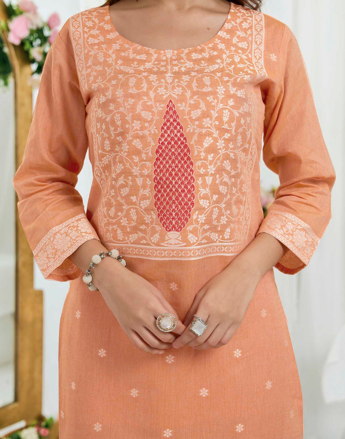 Coral Peach Pure Cotton Woven Straight Kurta Set