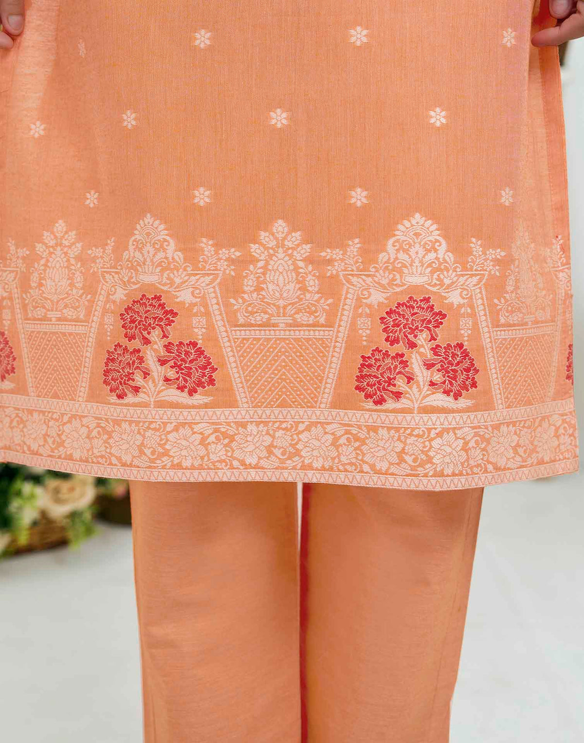 Coral Peach Pure Cotton Woven Straight Kurta Set