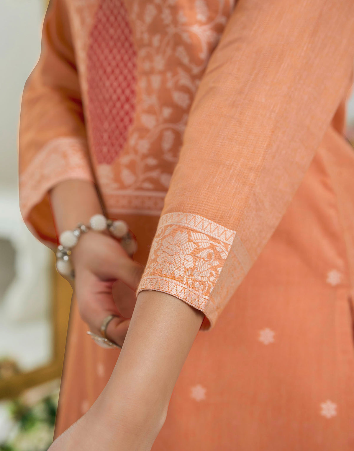 Coral Peach Pure Cotton Woven Straight Kurta Set