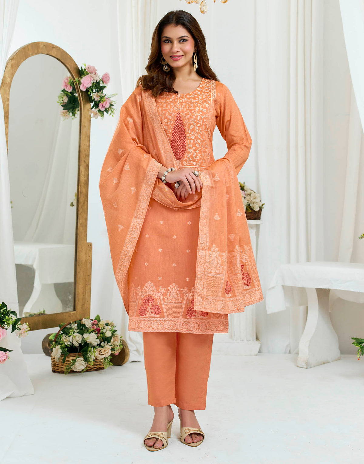 Coral Peach Pure Cotton Woven Straight Kurta Set