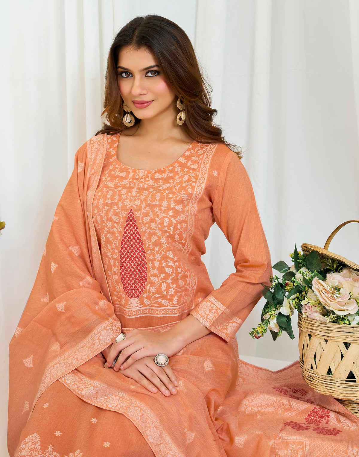 Coral Peach Pure Cotton Woven Straight Kurta Set