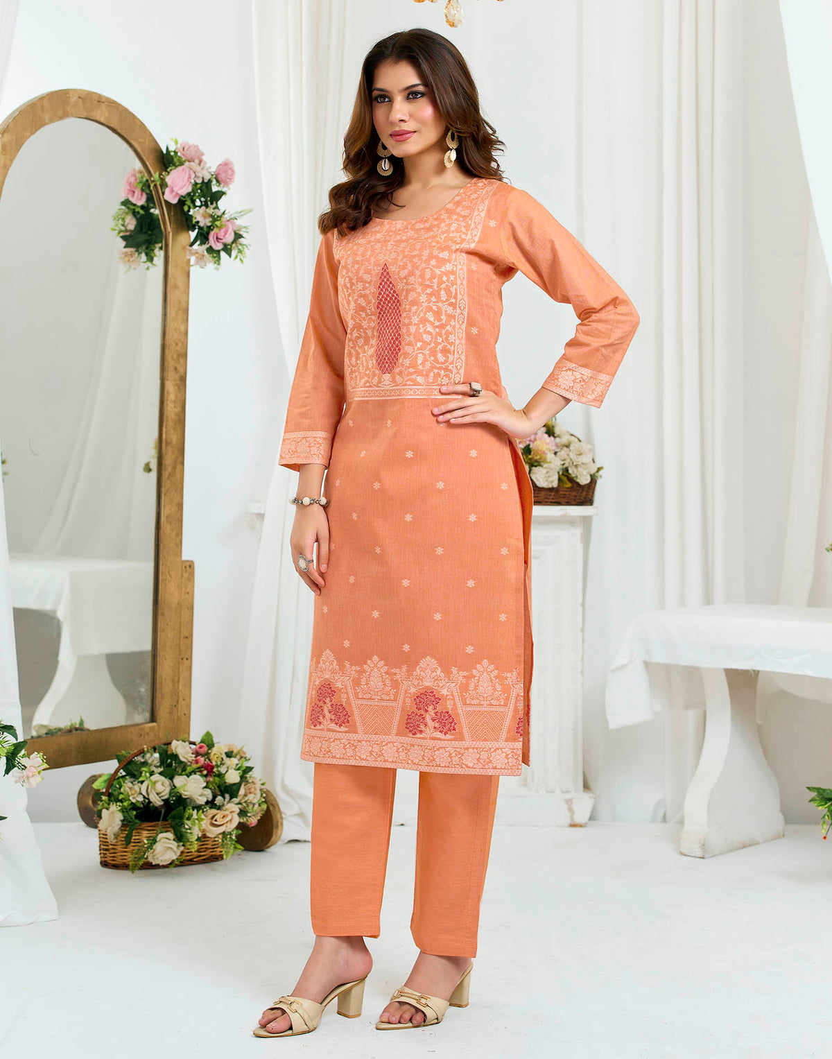 Coral Peach Pure Cotton Woven Straight Kurta Set