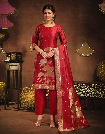 Deep Red Art Silk Woven Straight Kurta Set With Dupatta