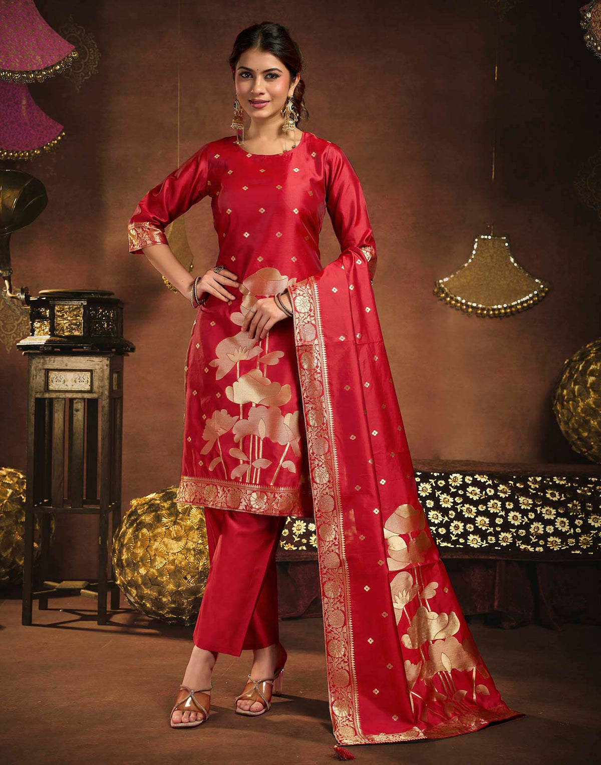 Deep Red Art Silk Woven Straight Kurta Set With Dupatta