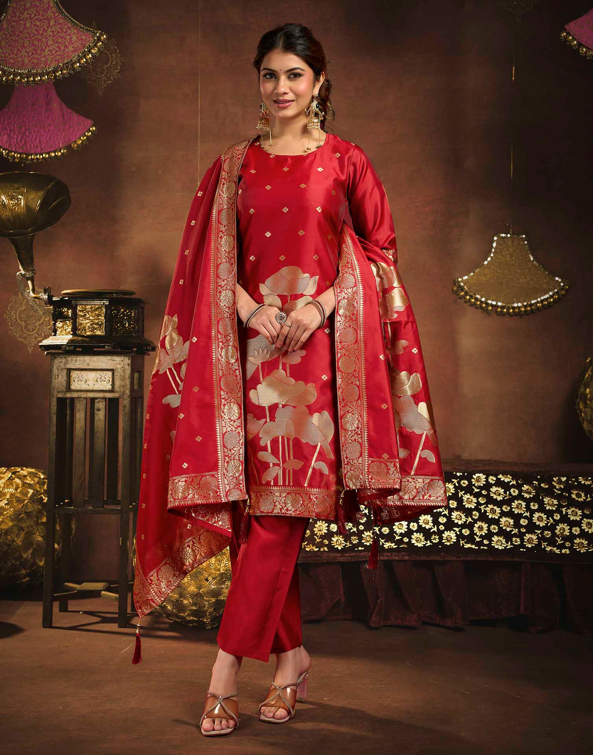 Deep Red Art Silk Woven Straight Kurta Set With Dupatta