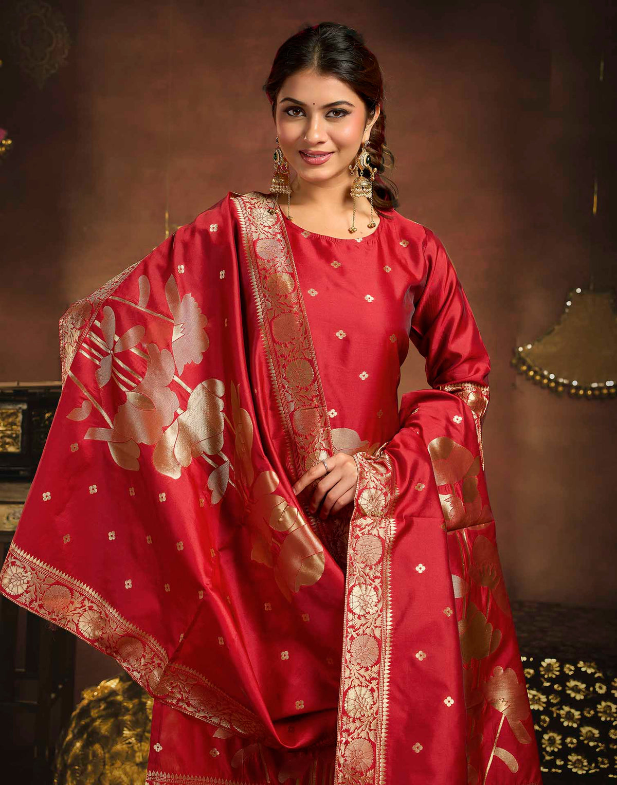 Deep Red Art Silk Woven Straight Kurta Set With Dupatta