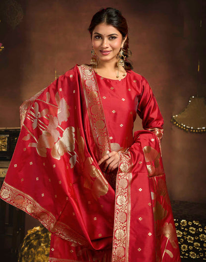 Deep Red Art Silk Woven Straight Kurta Set With Dupatta