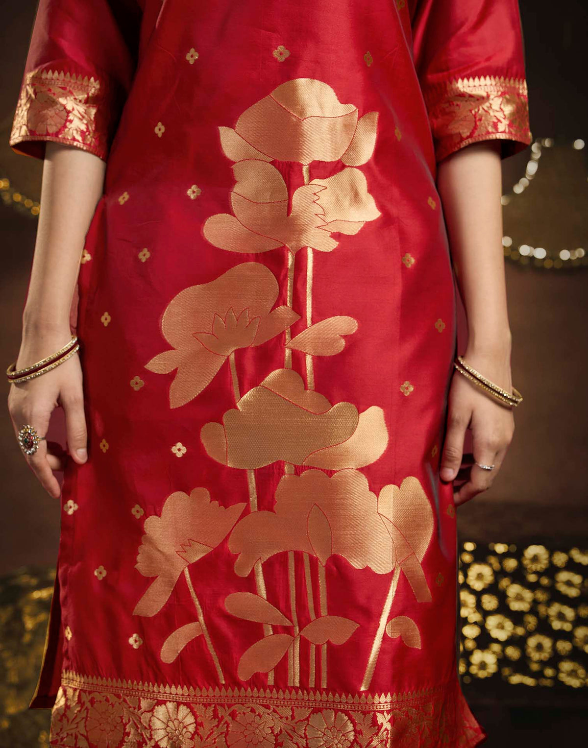 Deep Red Art Silk Woven Straight Kurta Set With Dupatta