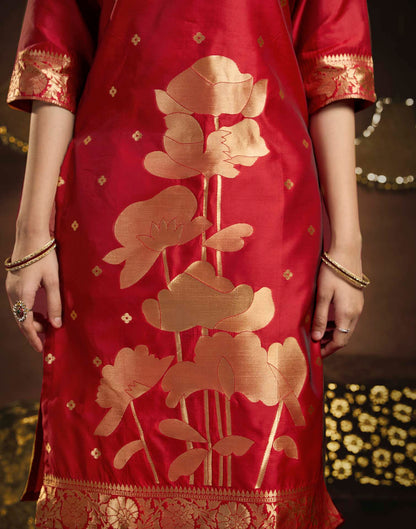 Deep Red Art Silk Woven Straight Kurta Set With Dupatta