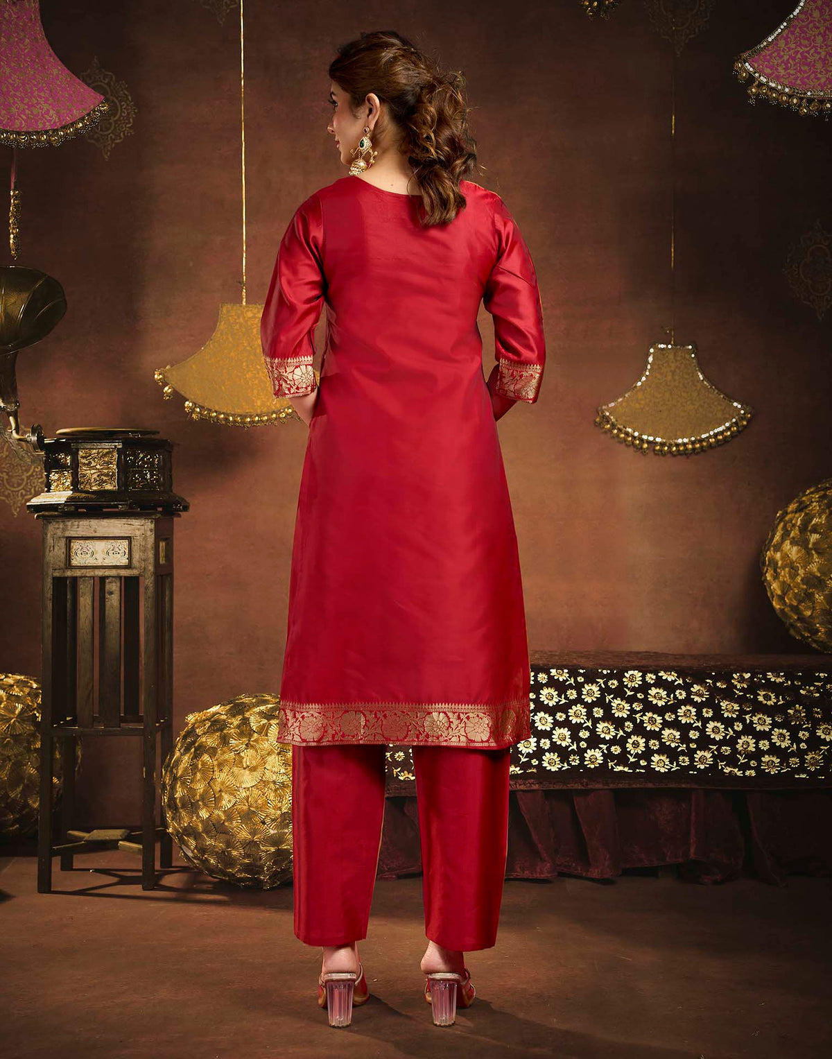 Deep Red Art Silk Woven Straight Kurta Set With Dupatta