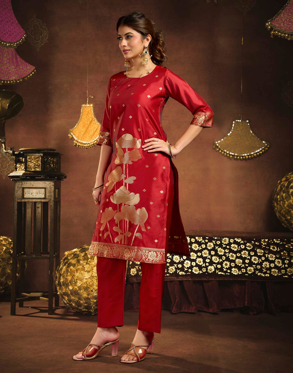 Deep Red Art Silk Woven Straight Kurta Set With Dupatta