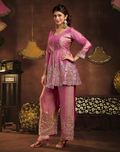 Dusty Rose Organza Embroidery Peplum Kurta Set With Dupatta