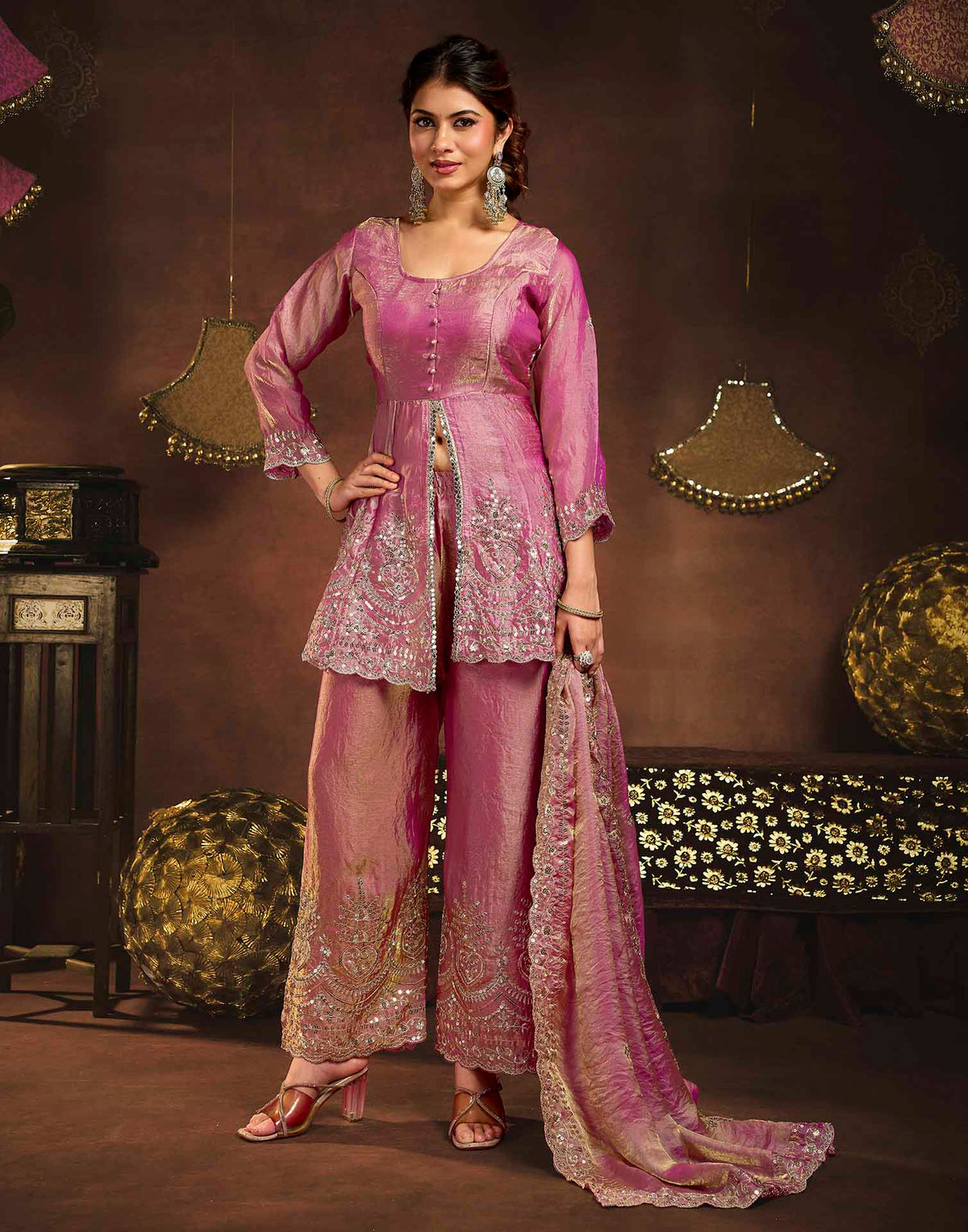 Dusty Rose Organza Embroidery Peplum Kurta Set With Dupatta