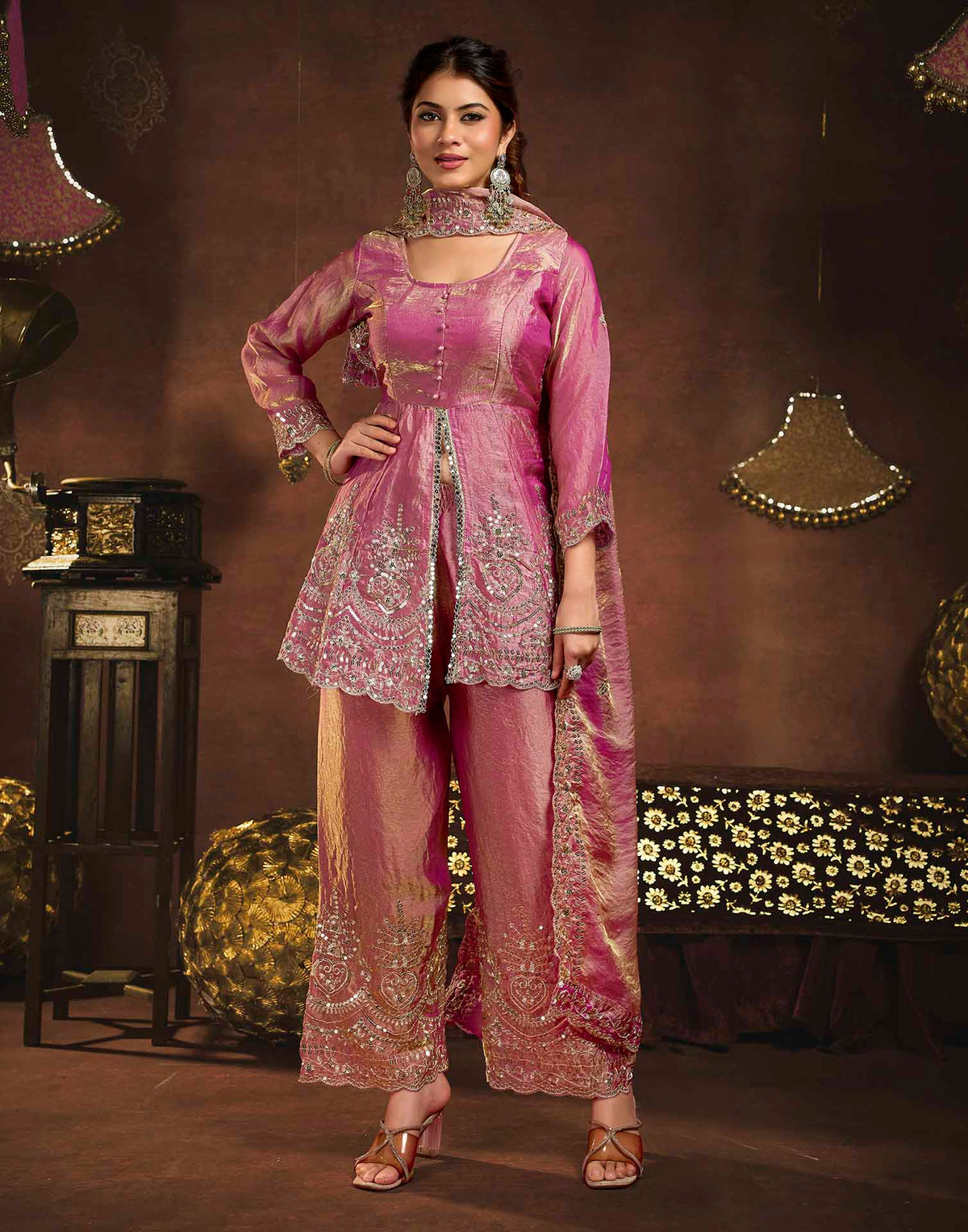 Dusty Rose Organza Embroidery Peplum Kurta Set With Dupatta