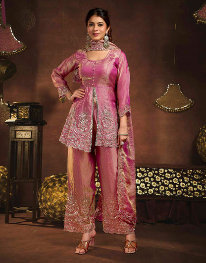Dusty Rose Organza Embroidery Peplum Kurta Set With Dupatta