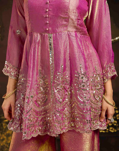 Dusty Rose Organza Embroidery Peplum Kurta Set With Dupatta