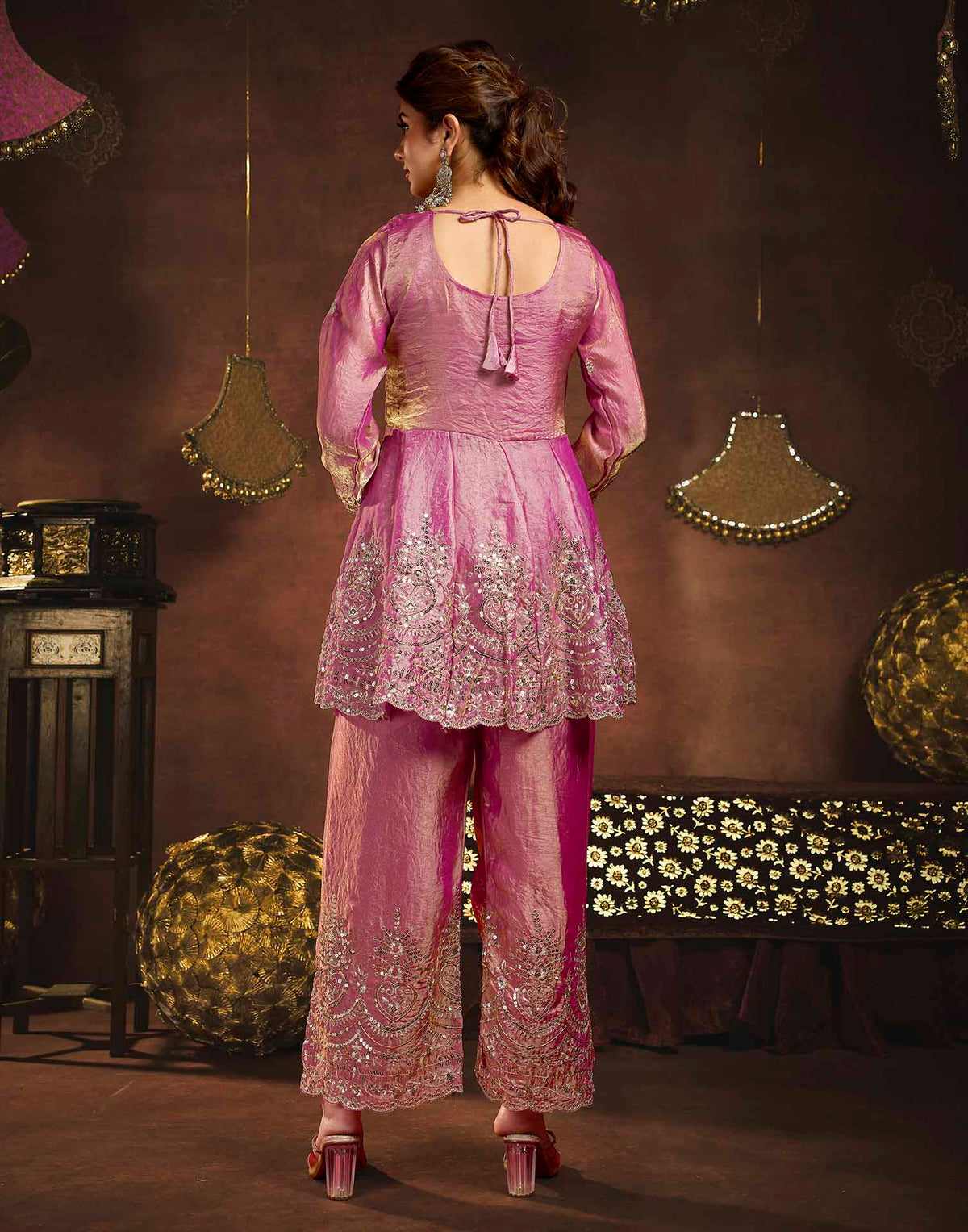 Dusty Rose Organza Embroidery Peplum Kurta Set With Dupatta