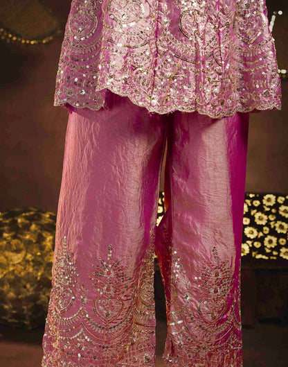 Dusty Rose Organza Embroidery Peplum Kurta Set With Dupatta