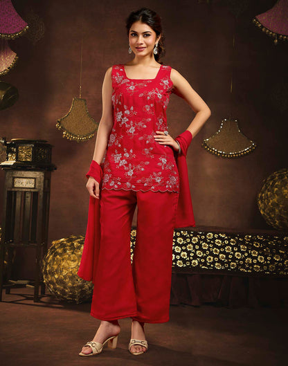Deep Red Faux Georgette Embroidery Straight Kurta Set With Dupatta