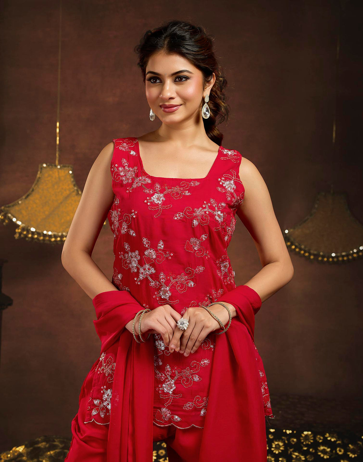 Deep Red Faux Georgette Embroidery Straight Kurta Set With Dupatta