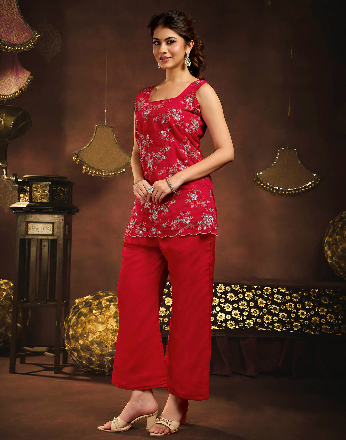 Deep Red Faux Georgette Embroidery Straight Kurta Set With Dupatta