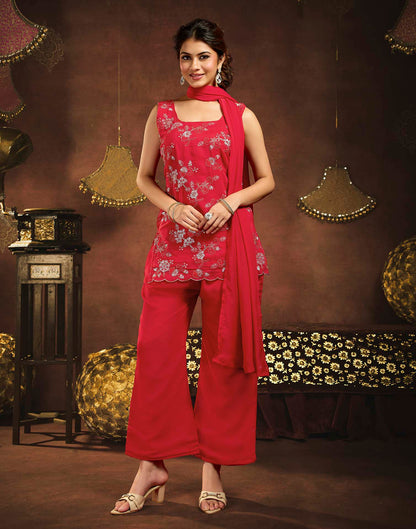 Deep Red Faux Georgette Embroidery Straight Kurta Set With Dupatta
