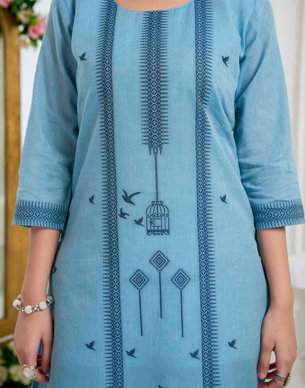 Light Blue Pure Cotton Woven Straight Kurta Set With Dupatta