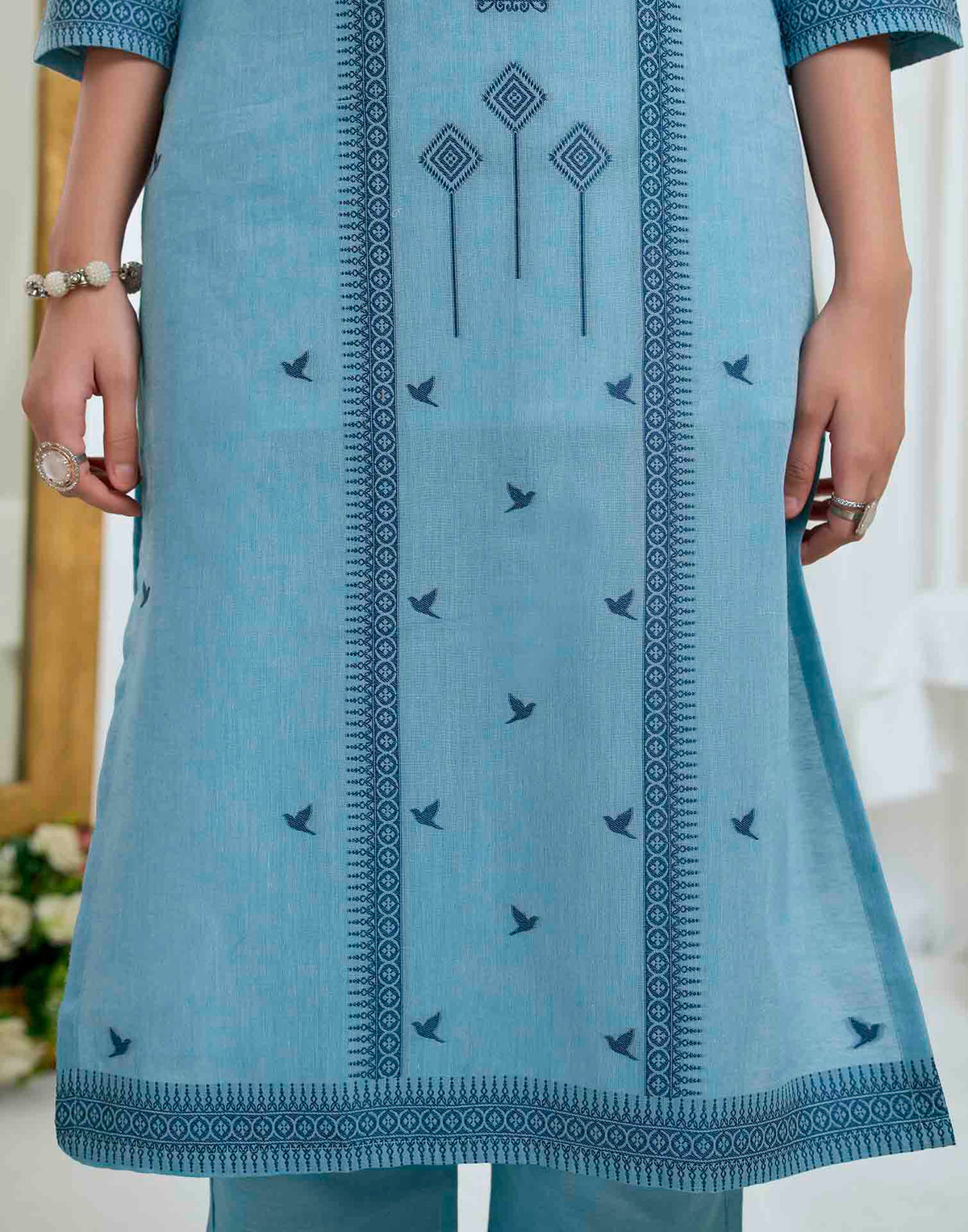 Light Blue Pure Cotton Woven Straight Kurta Set With Dupatta