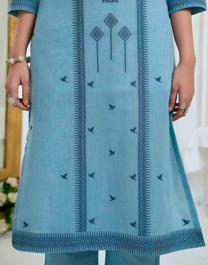 Light Blue Pure Cotton Woven Straight Kurta Set With Dupatta