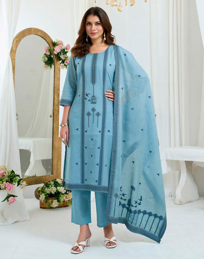 Light Blue Pure Cotton Woven Straight Kurta Set With Dupatta